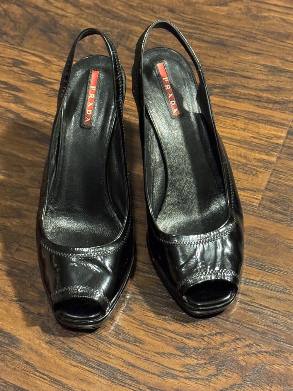 Prada Black Patent Slingback Peep-Toe Wedge Pumps - Picture 10 of 15